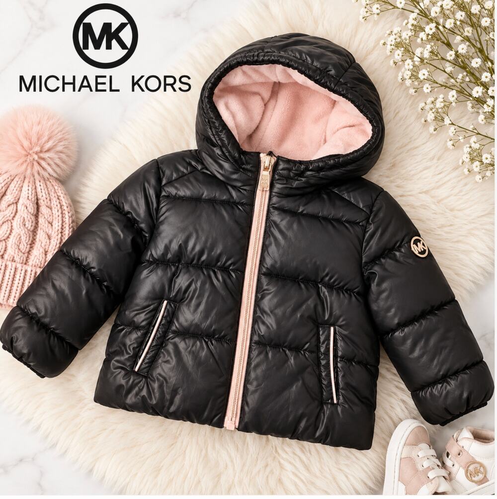 Michael Kors Puffer Jacket Infant Girls Size 12M Black Pink Fleece Interior